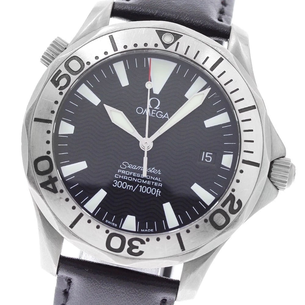 OMEGA SEAMASTER DATE BLACK AUTOMATIC WATCH: OMEGA Seamaster Date black Automatic Watch Brand: OMEGA Type/Style: Wristwatch Material: Band Material leather, Case Material titanium Color: Dial Color black Case Color Silver Band Color black Size: