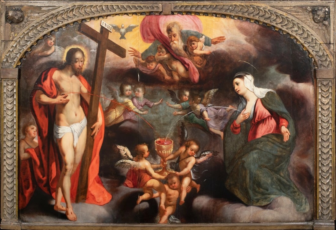 THE BLOOD OF CHRIST, THE MILK OF THE MADONNA OIL PAINTING: Year: 16th century Size: 52" x 34" Medium: Oil Description: Large oil on panel painting from the 16th century by a Flemish old master that represents the Blood of Christ and the Milk of the Madonna. B