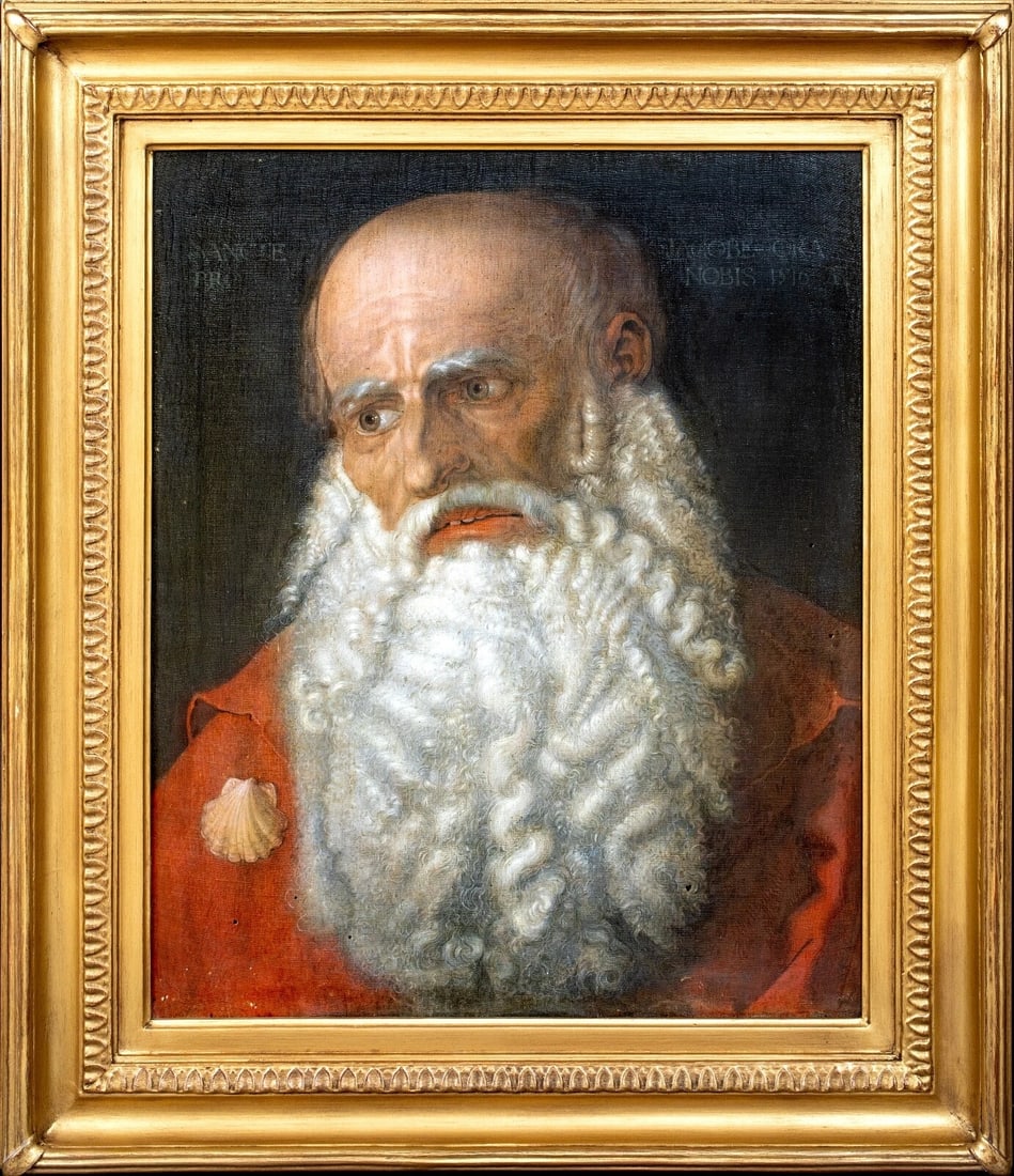 PORTRAIT OF SAINT JAMES THE GREATER OIL PAINTING: Year: 17th century Size: 25" x 22" Medium: Oil Description: Large Old Master portrait of Saint James from the 16th and 17th centuriesOil painting of The Greater. This early representation of Saint Jam