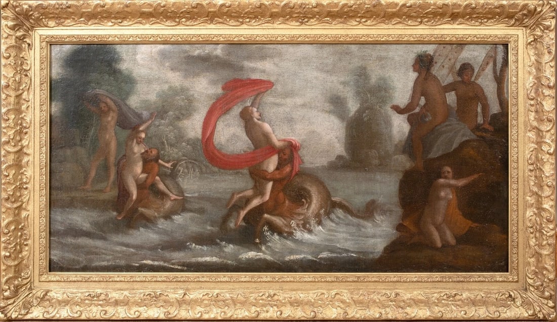 THE TRIUMPH OF GALATEA OIL PAINTING: Year: 19th century Size: 40" x 23" Medium: Oil Description: Large oil painting of the Triumph of Galatea by an Italian Old Master from the 16th and 17th centuries. This scene from Ovid's Metamorphosis