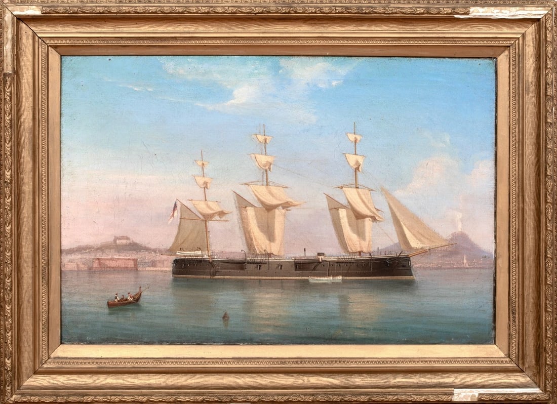 VIEW OF THE BRITISH ROYAL NAVY OIL PAINTING: Year: 19th century Size: 32" x 28" Medium: Oil Description: Tommaso De Simone's large oil painting from the 19th century depicts the British Royal Navy fleet off the coast of Naples. An outstanding ex