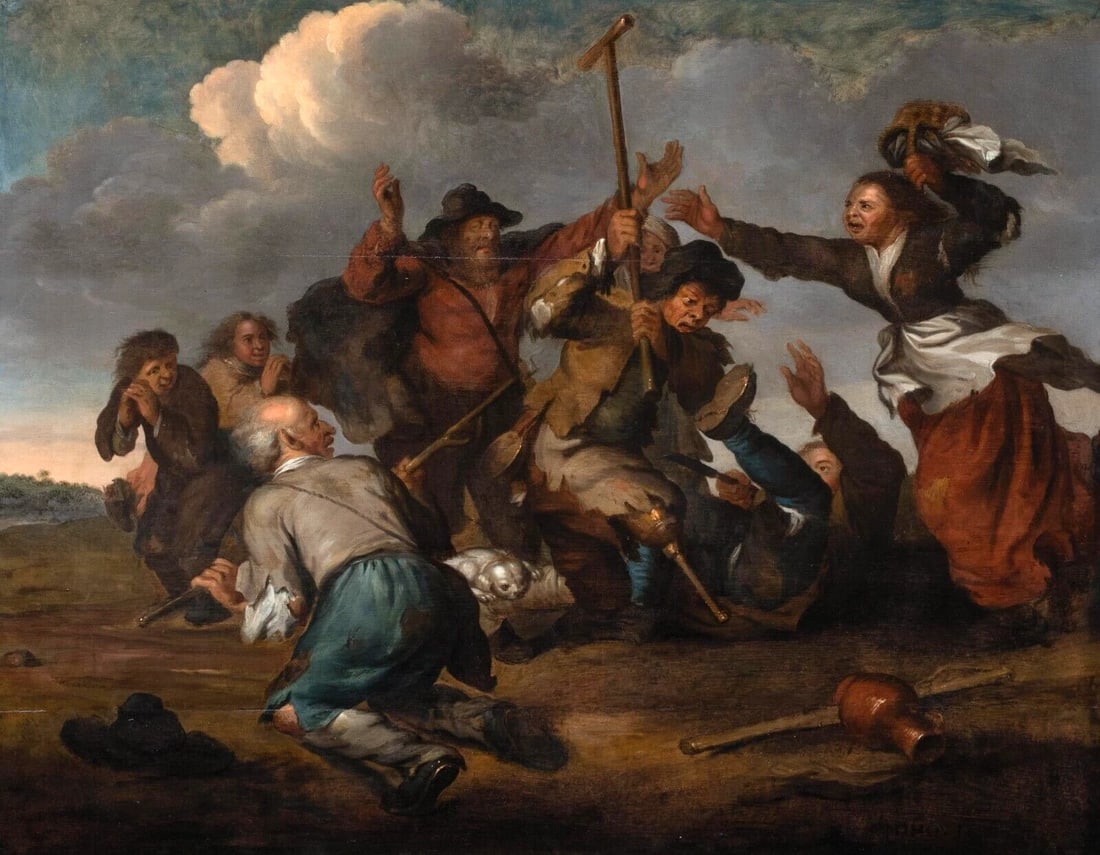 THE BATTLE OF THE PEASANTS OIL PAINTING: Year: 17th century Size: 35" x 30" Medium: Oil Description: Large oil on panel painting by M. D. Hout from the 17th century depicting peasants engaged in combat. Superb quality and condition from arou