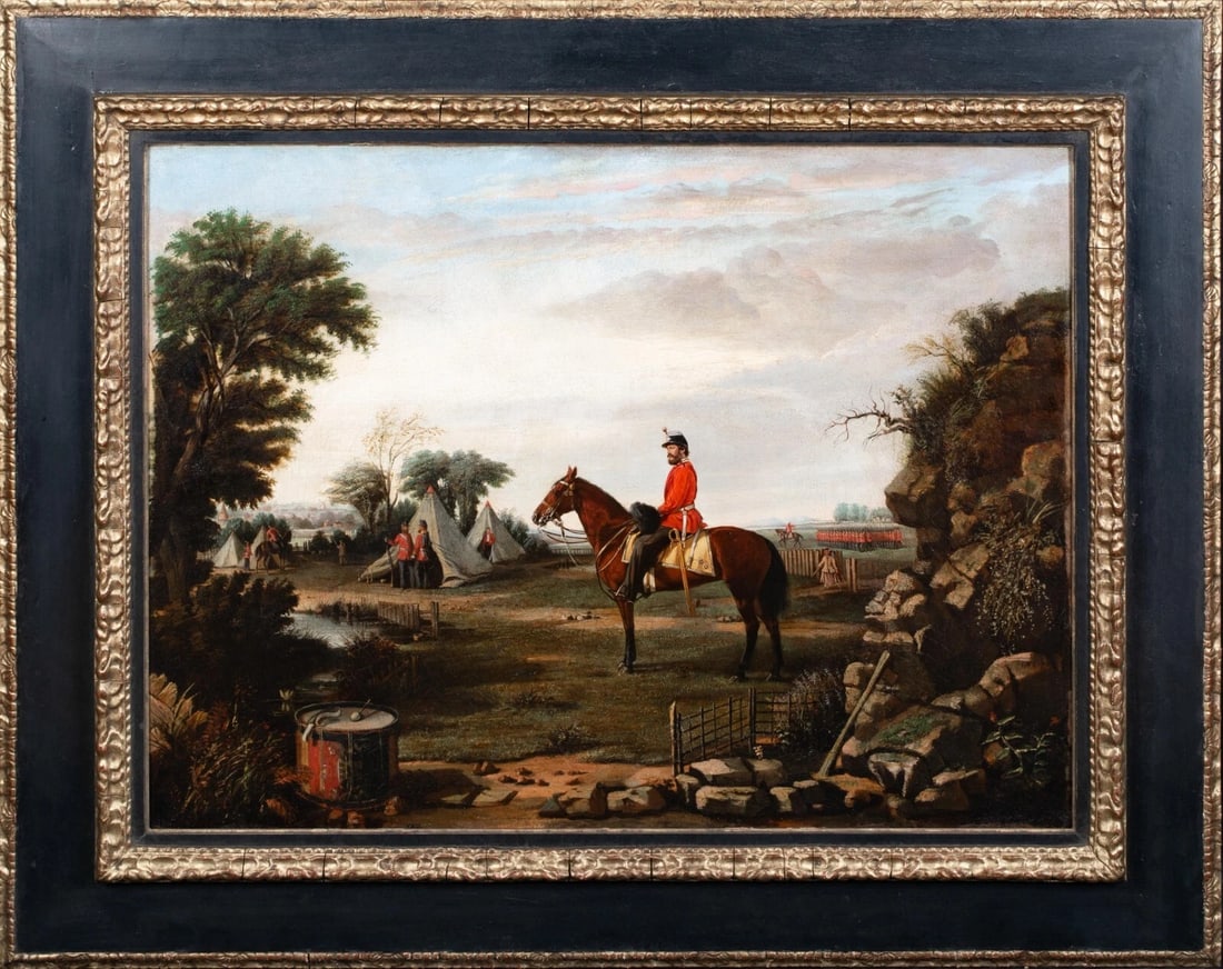 GARIBALDI REDSHIRTS ENCAMPMENT OIL PAINTING: Year: 19th century Size: 47" x 40" Medium: Oil Description: An oil painting from the 19th century depicting Garibaldi's Redshirt in camp with an officer in the foreground. A rare and excellent paintin