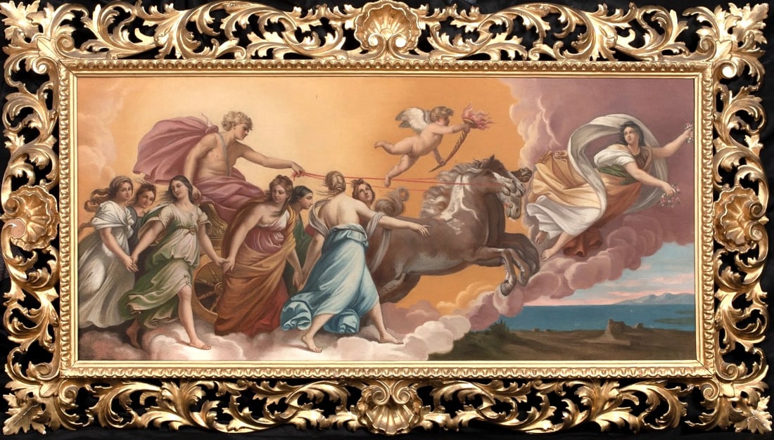 THE TRIUMPH OF AURORA OIL PAINTING: Year: 19th century Size: 44" x 24" Medium: Oil Description: Large oil painting depicting the Triumph of Aurora from the 19th century in Italy. A large classical depiction of the Aurora Goddess of Dawn
