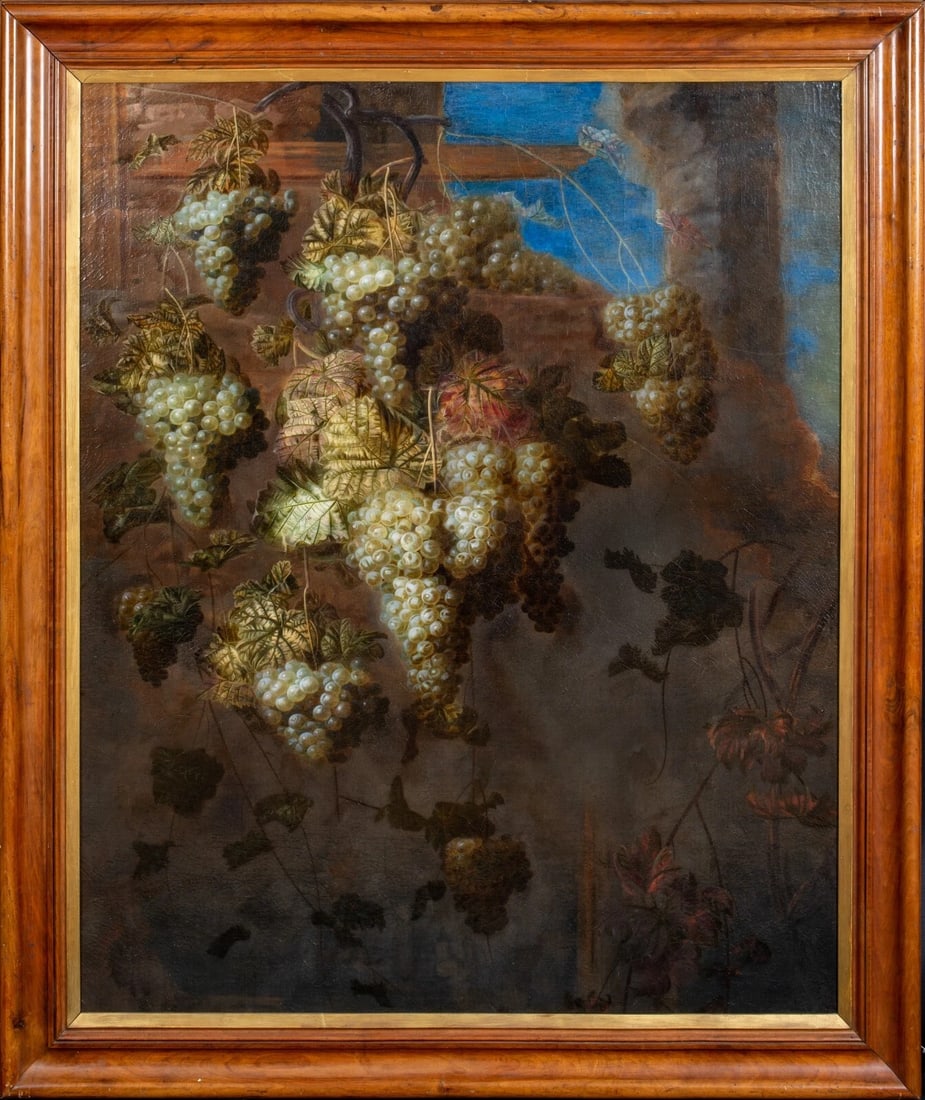 STILL LIFE OF GRAPES IN THE VINEYARD OIL PAINTING: Year: 17th century Size: 57" x 48" Medium: Oil Description: An enormous oil painting by Pierre Antoine Lemoyne from the 17th century depicting grapes in a farm. A study of the vines and grapes growing