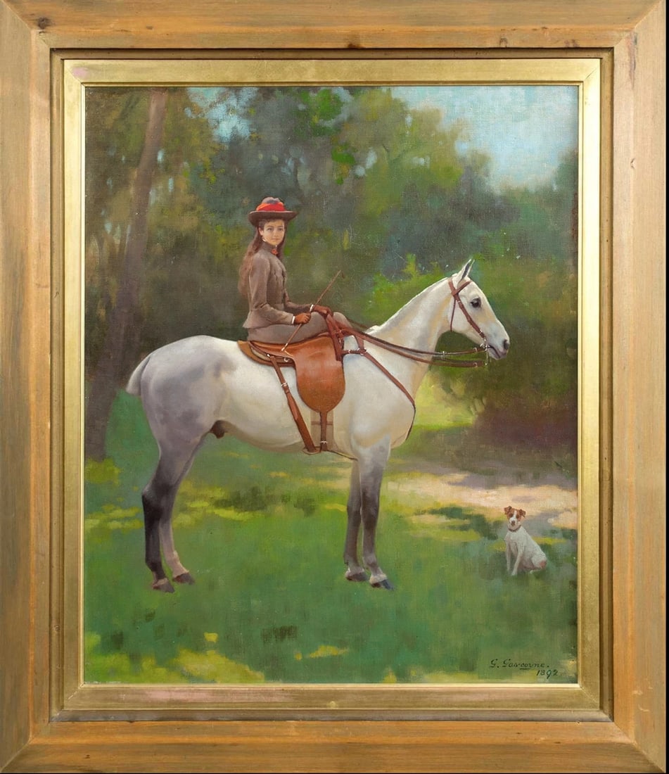 PORTRAIT OF HILDA, RIDING HER PONY PIANO OIL PAINTING: Year: 19th century Size: 37" x 21" Medium: Oil Description: George Gascoyne's large oil painting from the 19th century depicts a young girl named Hilda riding her pony "Piano" next to a Jack Russell T