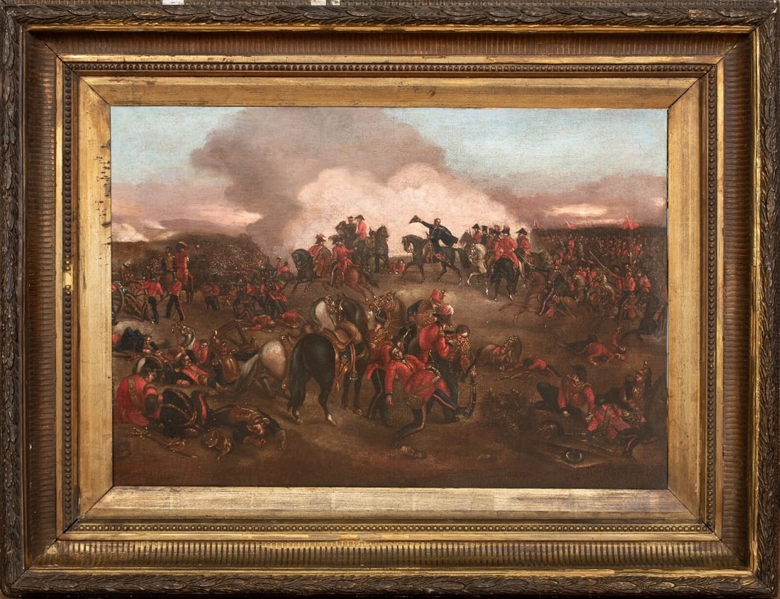 SCENE OF THE DUKE OF WELLINGTON AT THE BATTLE OF WATERLOO OIL PAINTING: Year: 19th century Size: 34" x 26.5" Medium: Oil Description: An oil painting from the 19th century depicting the Duke of Wellington at the Battle of Waterloo. When the French Cavalry is about to atta
