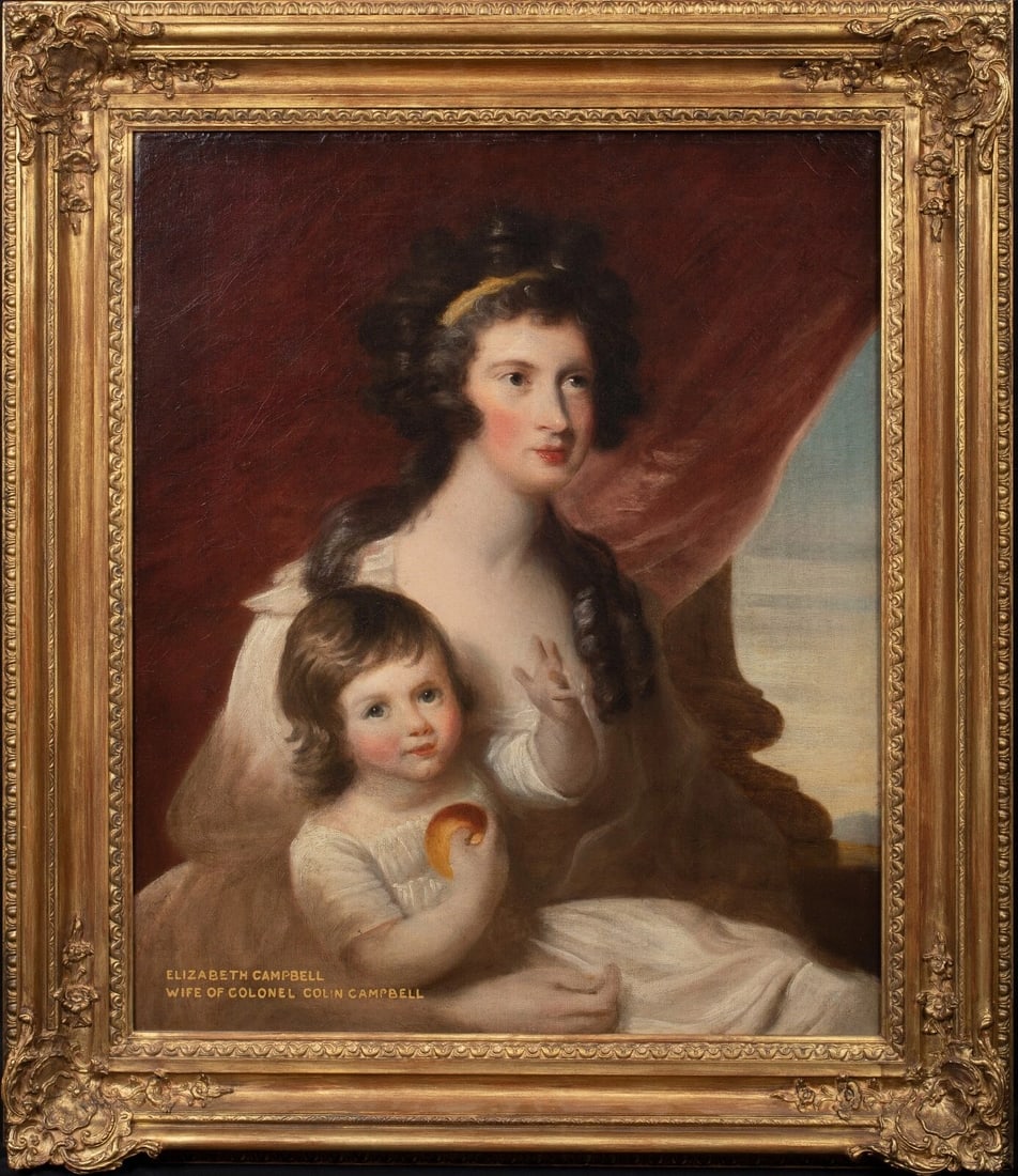 PORTRAIT OF ELIZABETH CAMPBELL & DAUGHTER MOTHER OIL PAINTING: Year: 19th century Size: 38" x 33" Medium: Oil Description: An enormous oil painting of Elizabeth Campbell and her daughter from the 19th century. Colonel Colin Campbell's wife is shown in this half-l