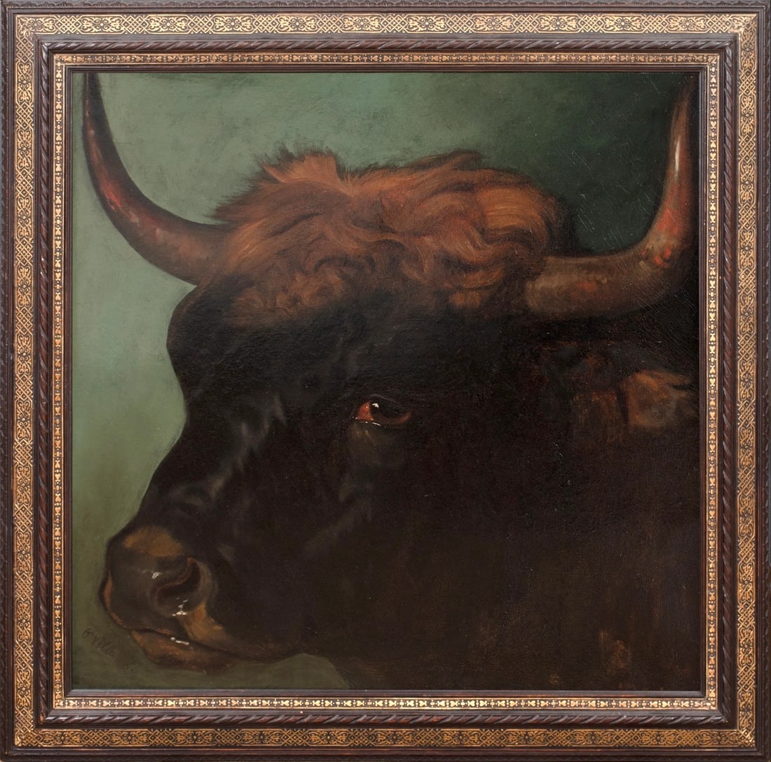 PORTRAIT OF A PRIZE SPANISH FIGHTING BULL OIL PAINTING: Year: 19th century Size: 28" x 28" Medium: Oil Description: Phillip Villamil painted a large oil picture of a prize Spanish fighting bull in the 19th century and laid it to sea. A study of a battling 