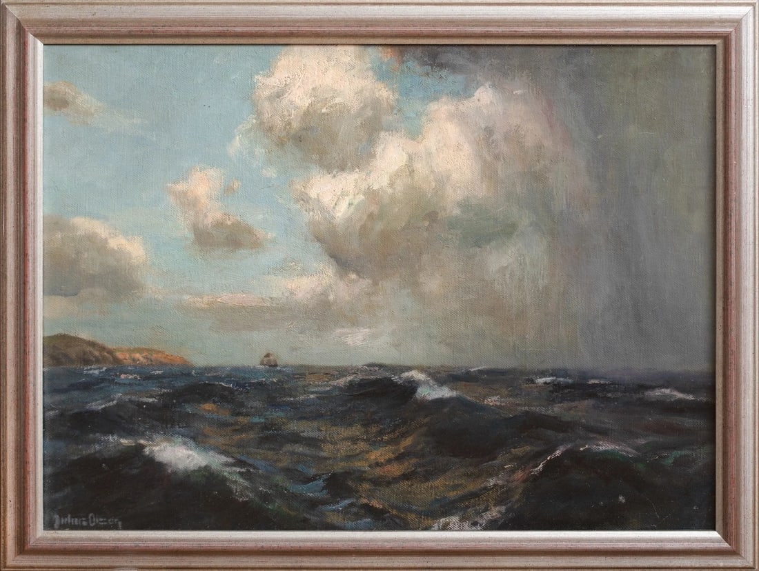 VIEW OF AN APPROACHING STORM OFF THE ISLE OF WIGHT OIL PAINTING: Year: 19th century Size: 27" x 21" Medium: Oil Description: Large image of a storm arriving from Newlyn School in the 19th century Julius OIsson's oil painting, The Isle of Wight. A superb example of 