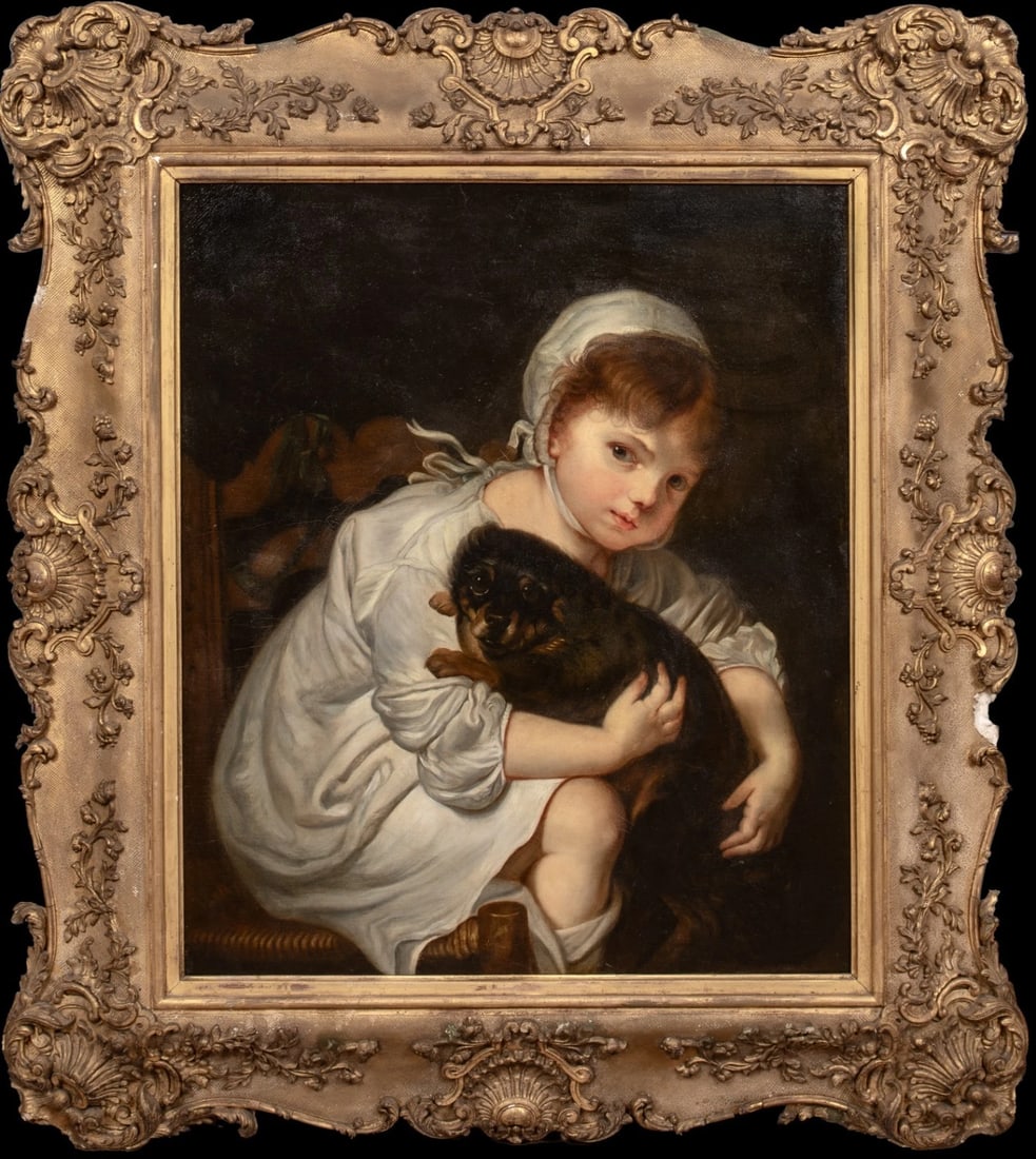PORTRAIT OF A YOUNG GIRL & TOY DOG OIL PAINTING: Year: 18th century Size: 36" x 32" Medium: Oil Description: Large oil painting by Jean-Baptiste Greuze from the eighteenth century depicting a small girl and a toy dog. Excellent quality and condition