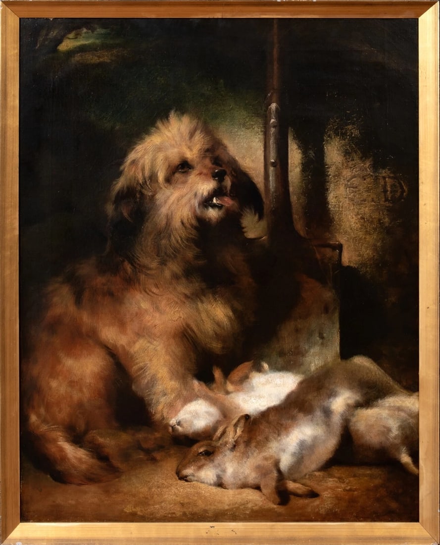PORTRAIT OF A TERRIER AFTER RABBITING OIL PAINTING: Year: 19th century Size: 42" x 30" Medium: Oil Description: Edwin Douglas's large oil painting from the 19th century depicts a brown terrier after it has rabbited. Beautifully painted and displayed in