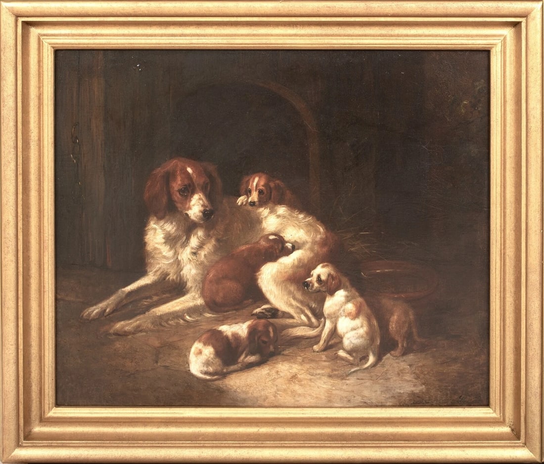 DOG PORTRAIT OF SPANIEL MOTHER & PUPPIES OIL PAINTING: Year: 18th century Size: 27" x 24" Medium: Oil Description: Henry Bernard Chalon's large oil on panel circle from the 18th century depicts a dog, mother, and puppies. For its age study of the mother a
