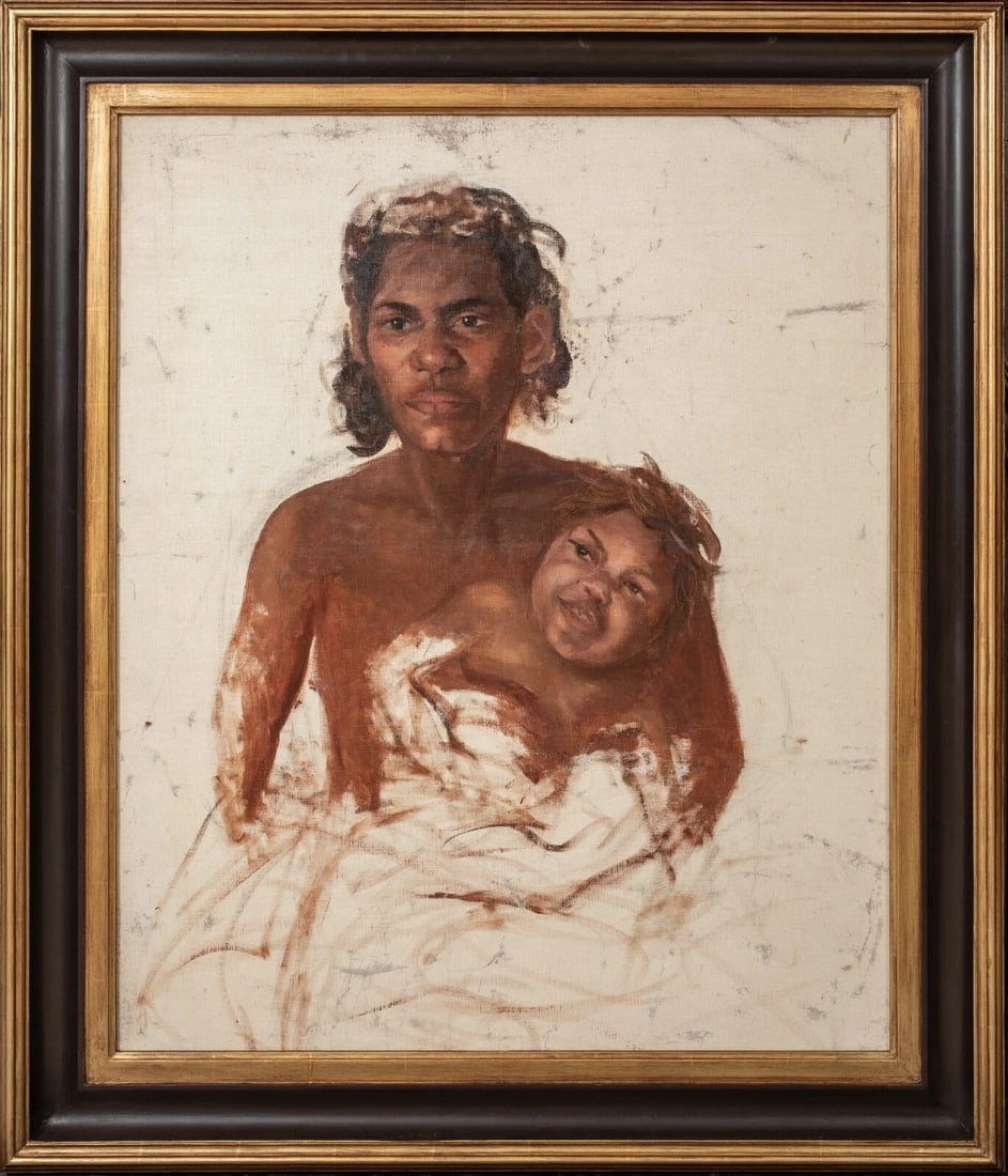 PORTRAIT OF AN ABORIGINAL MOTHER & CHILD OIL PAINTING: Year: 19th century Size: 36.5" x 31.5" Medium: Oil Description: An oil painting from the 19th century depicting a woman and kid of Aboriginal descent from New South Wales, Australia. Half-length portr