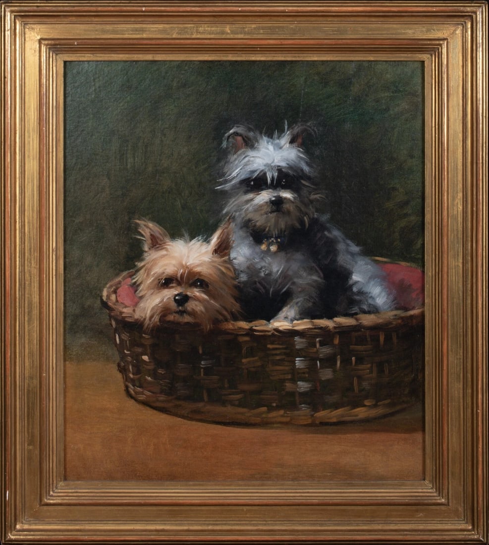 PORTRAIT OF CAIRN TERRIER DOGS OIL PAINTING ATTRIBUTED TO FANNIE MOODY: Year: 19th century Size: 27" x 22.5" Medium: Oil Description: Fannie Moody is attributed with creating this large oil on canvas image of two Cairn Terriers in a basket from the 19th century in England