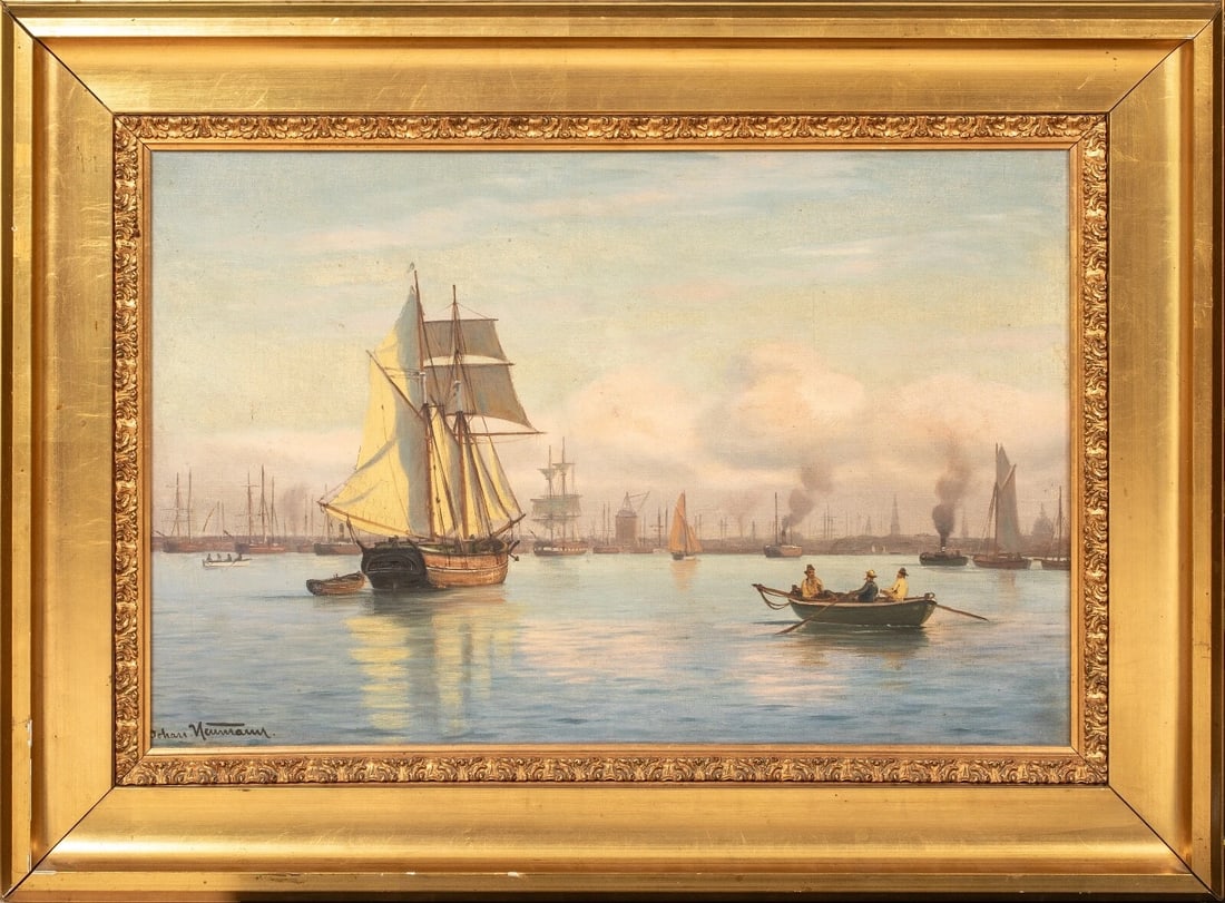 SUNSET OVER COPENHAGEN HARBOUR OIL PAINTING: Year: 19th century Size: 36" x 26" Medium: Oil Description: Johan Jens Neumann's oil painting from the 19th century depicts a large vista of Copenhagen Harbor at sunset. A ship approaching the crowded