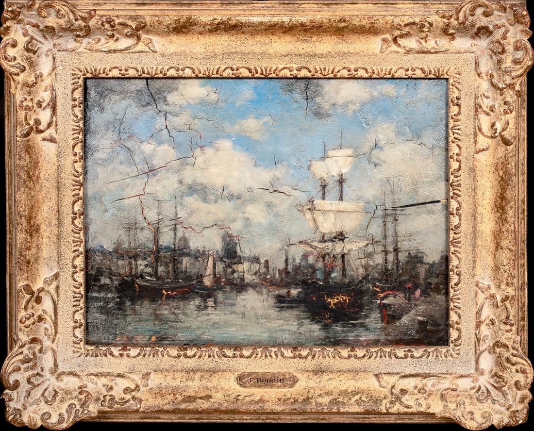 DEAUVILLE HARBOUR OIL PAINTING: Year: 19th century Size: 15" x 13" Medium: Oil Description: French oil on panel drawing of Deuvillle Harbor from the 19th century, signed E. Boudin. Outstanding view of the ships anchored in the Deuvi