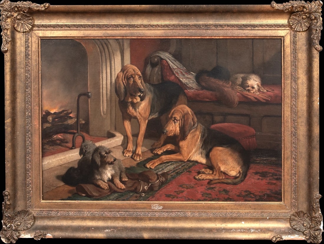 BLOODHOUNDS & TERRIERS BESIDE THE FIRE OIL PAINTING: Year: 19th century Size: 41" x 31" Medium: Oil Description: Carl Suhrlandt's oil on canvas depicts a large 19th-century German interior with terriers and bloodhounds next to the fire.Presented in its 