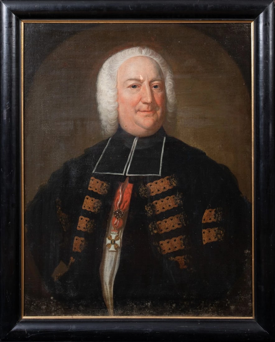 PORTRAIT OF EDME MONGIN OIL PAINTING: Year: 18th century Size: 90cm x 70cm Medium: Oil Description: Large oil on canvas picture of Edme Mongin, Bishop of Bazas (1668?1746), from the French School in the 18th century. This finely crafted a