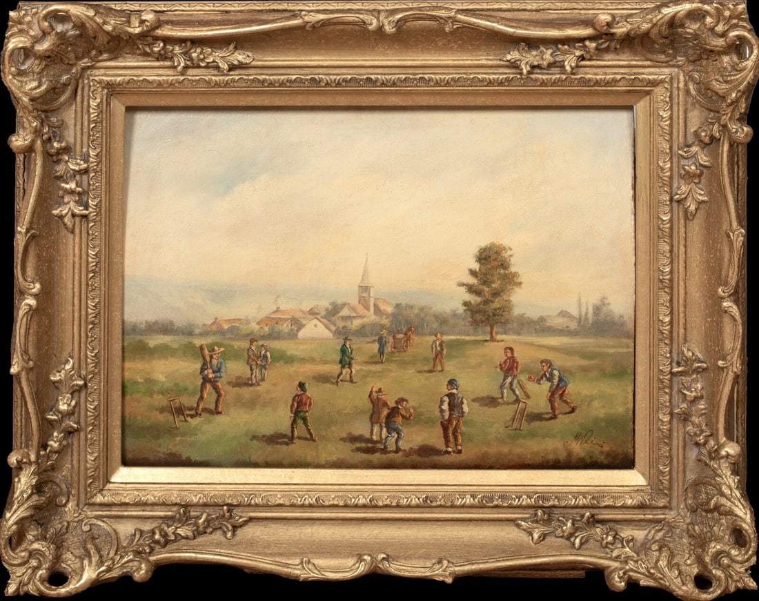 THE VILLAGE CRICKET MATCH OIL PAINTING: Year: 19th century Size: 22" x 18" Medium: Oil Description: English school in a rural village in the 18th and 19th centuries Oil on panel, signed cricket match. This early and significant image of vil