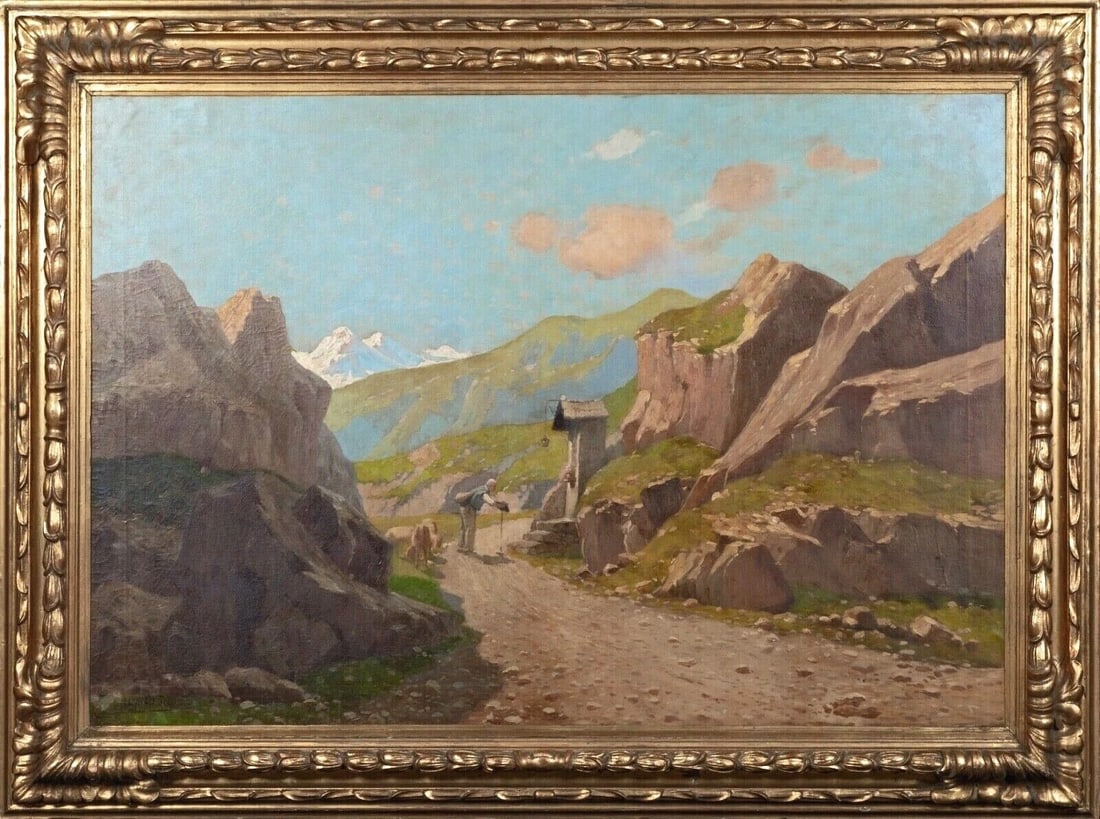A SHRINE IN THE ITALIAN ALPS OIL PAINTING: Year: 19th century Size: 150cm x 110cm Medium: Oil Description: An oil painting by Ugo Gheduzzi depicting a figure visiting a shrine in the Italian Alps in the 19th century. E xpansive view of the mou