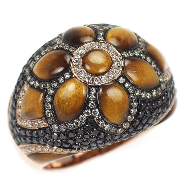 BLACK PLATED/ K18PG TIGER EYE DIAMOND RING: black plated/ K18PG tiger eye diamond ring Brand: None Type/Style: Ring Material: K18PG, Main Stone Natural Color: PG Size: Accessories: None Accessories Notice: When purchasing pre-owned goods,