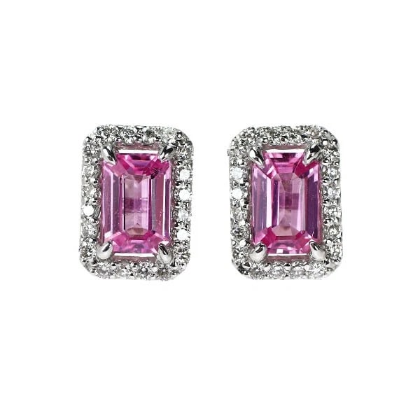 PT950/ PT900 EMERALD CUT PINK SAPPHIRE DIAMOND EARRINGS: Pt950/ Pt900 Emerald Cut Pink Sapphire Diamond Earrings Brand: None Type/Style: piercing Material: Pt900/ Pt950, Main Stone Natural Color: Pt Size: Length/Width/Diameter 9.1 Accessories: None