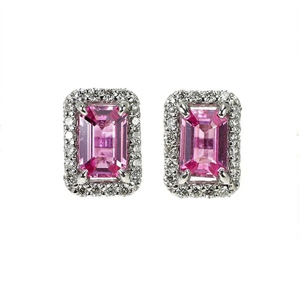 PT950/ PT900 EMERALD CUT PINK SAPPHIRE DIAMOND EARRINGS: Pt950/ Pt900 Emerald Cut Pink Sapphire Diamond Earrings Brand: None Type/Style: piercing Material: Pt950/ Pt900, Main Stone Natural Color: Pt Size: Length/Width/Diameter 9.1 Accessories: None