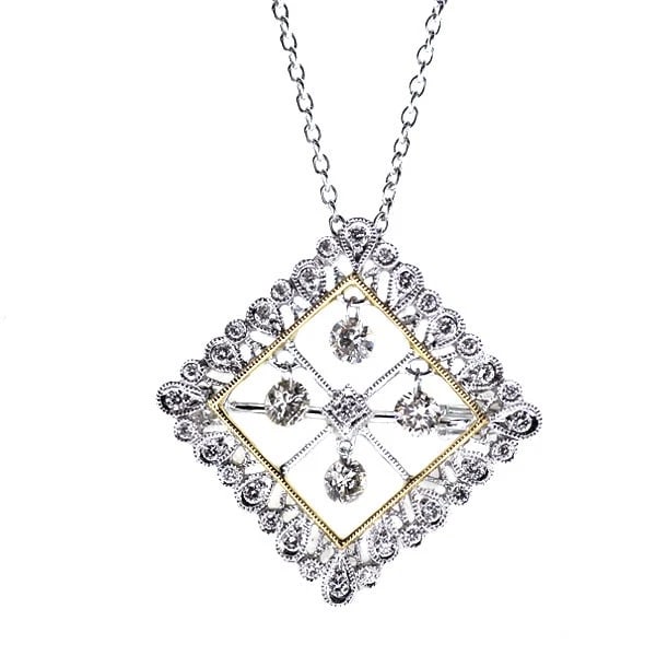 K18YG/WG DIAMOND PENDANT NECKLACE AND BROOCH: K18YG/WG diamond pendant necklace and brooch Brand: None Type/Style: pendant necklace Material: K18WG /YG, Main Stone Natural Color: WG/YG Size: Accessories: None Accessories Notice: When purchasing