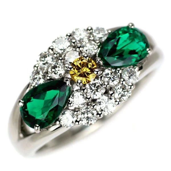 PT900 EMERALD NATURAL YELLOW/COLORLESS DIAMOND RING: Pt900 emerald natural yellow/colorless diamond ring Brand: None Type/Style: Ring Material: Pt900, Main Stone Natural/emerald Color: Pt Size: 6 US Accessories: None Accessories Notice: When purchasing