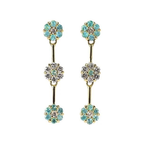 K18YG PARAIBA TOURMALINE DIAMOND EARRINGS: K18YG Paraiba Tourmaline Diamond Earrings Brand: None Type/Style: piercing Material: K18YG, Main Stone Natural Color: YG Size: Length/Width/Diameter 21.0 Accessories: None Accessories Notice: When
