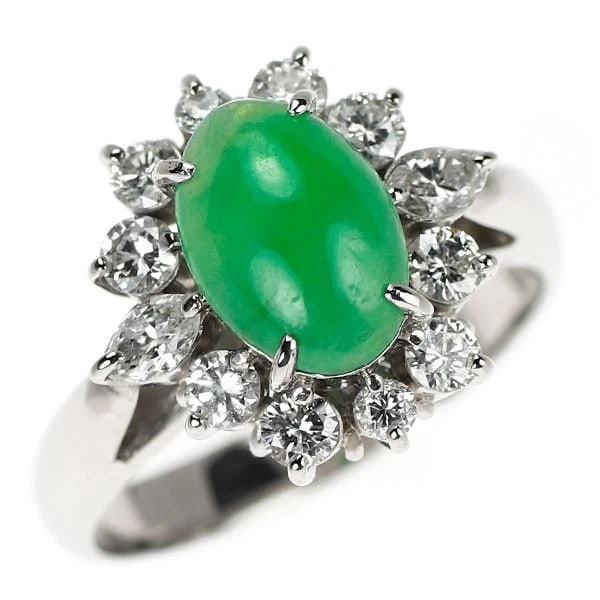 PT900 JADE/JADE DIAMOND RING: Pt900 Jade/Jade Diamond Ring Brand: None Type/Style: Ring Material: Pt900, Main Stone Natural Color: None Size: 5.25 US Accessories: None Accessories Notice: When purchasing pre-owned goods, please
