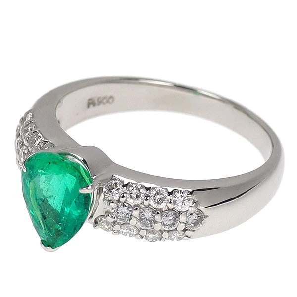 PT900 PEAR SHAPE EMERALD DIAMOND RING - 2