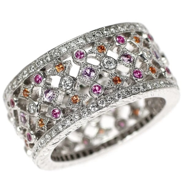K18WG PINK/ORANGE SAPPHIRE DIAMOND RING: K18WG Pink/Orange Sapphire Diamond Ring Brand: None Type/Style: Ring Material: K18WG, Main Stone Natural Color: WG Size: 6 US Accessories: None Accessories Notice: When purchasing pre-owne