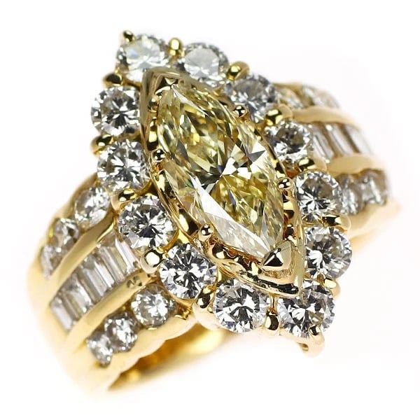 K18YG MARQUISE DIAMOND RING: K18YG marquise diamond ring Brand: None Type/Style: Ring Material: K18YG, Main Stone marquise\Natural Color: YG Size: 5.5 - 5.75 US Accessories: None Accessories Notice: When purchasing pr