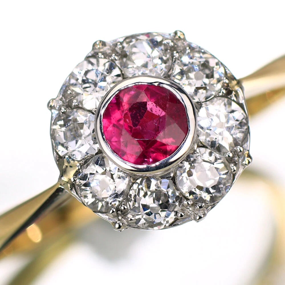PT850/K18 SYNTHETIC RUBY OLD CUT DIAMOND RING: Pt850/K18 Synthetic Ruby Old Cut Diamond Ring Brand: None Type/Style: Ring Material: Pt850/K18, Main Stone Natural/Ruby Color: Pt Size: 6.25 - 6.5 US Accessories: None Accessories Notice: