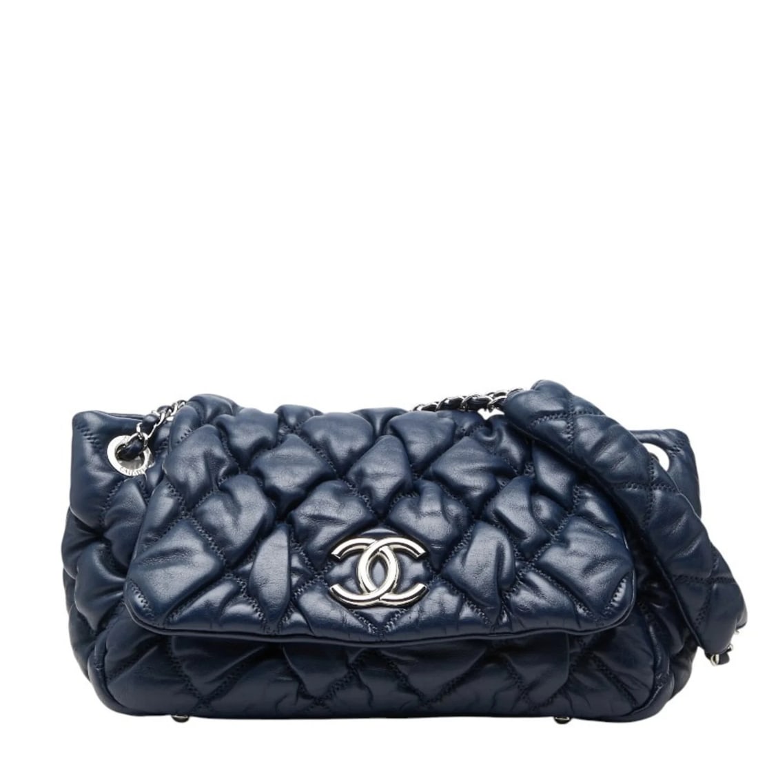CHANEL MATELASSE BUBBLE QUILTED MARK CHAIN SHOULDER BAG: Chanel Matelasse Bubble Quilted Mark Chain Shoulder Bag Brand: Chanel Type/Style: Handbag, Shoulder bag Material: Leather Color: Navy Size: (HxWxD) 18cm x 27cm x 13.5cm / 7.08'' x 10.62'' x 5.31''