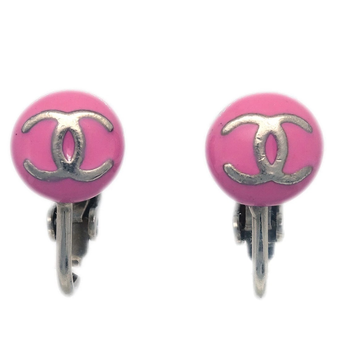 CHANEL BUTTON EARRINGS CLIP-ON PINK: Chanel Button Earrings Clip-On Pink Brand: Chanel Type/Style: Earrings Material: Silver Plated, Acrylic, Color: Silver, Pink Size: Diameter : 0.8 cm Accessories: None Accessories Notice: When