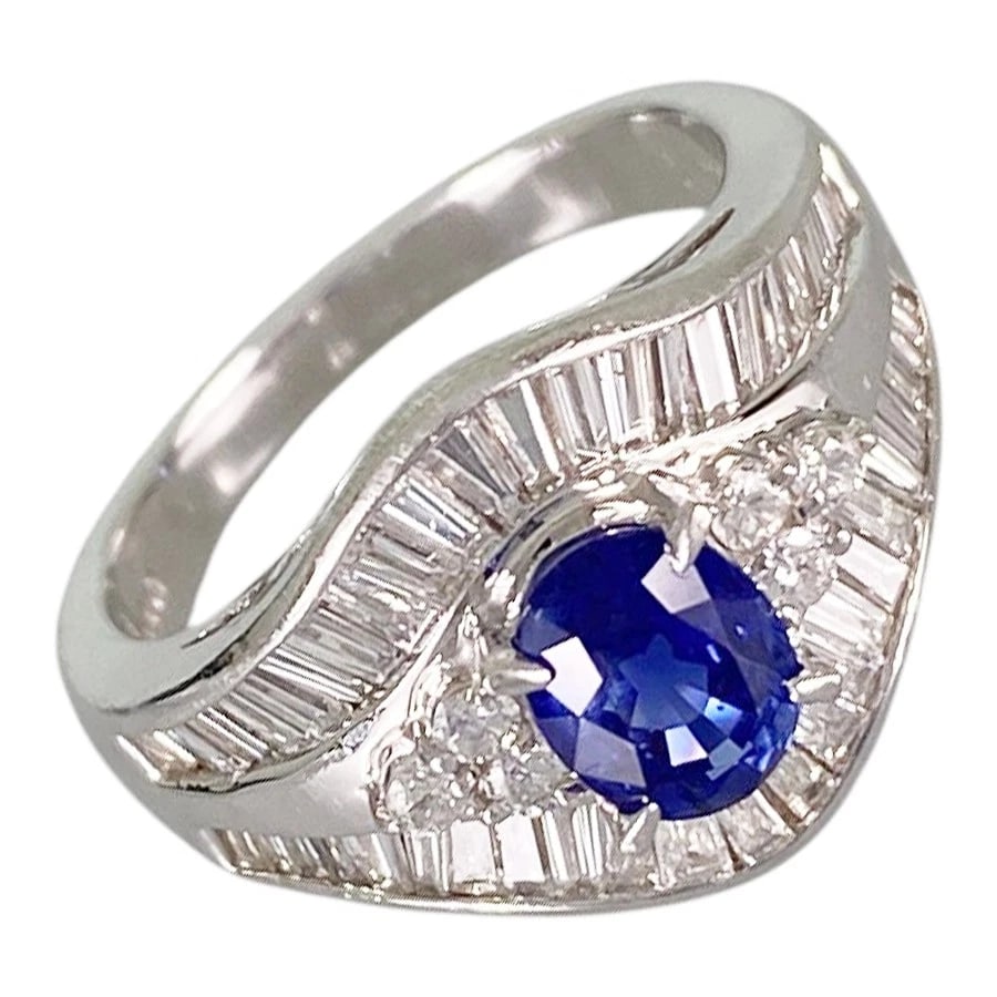 RING PLATINUM SAPPHIRE DIAMOND: Ring Platinum Sapphire Diamond Brand: Unsigned Jewelry Type/Style: Ring Material: Platinum 900, Main Stone Sapphire Color: Silver Size: US:5.5 Accessories: None Accessories Notice: When purchasing