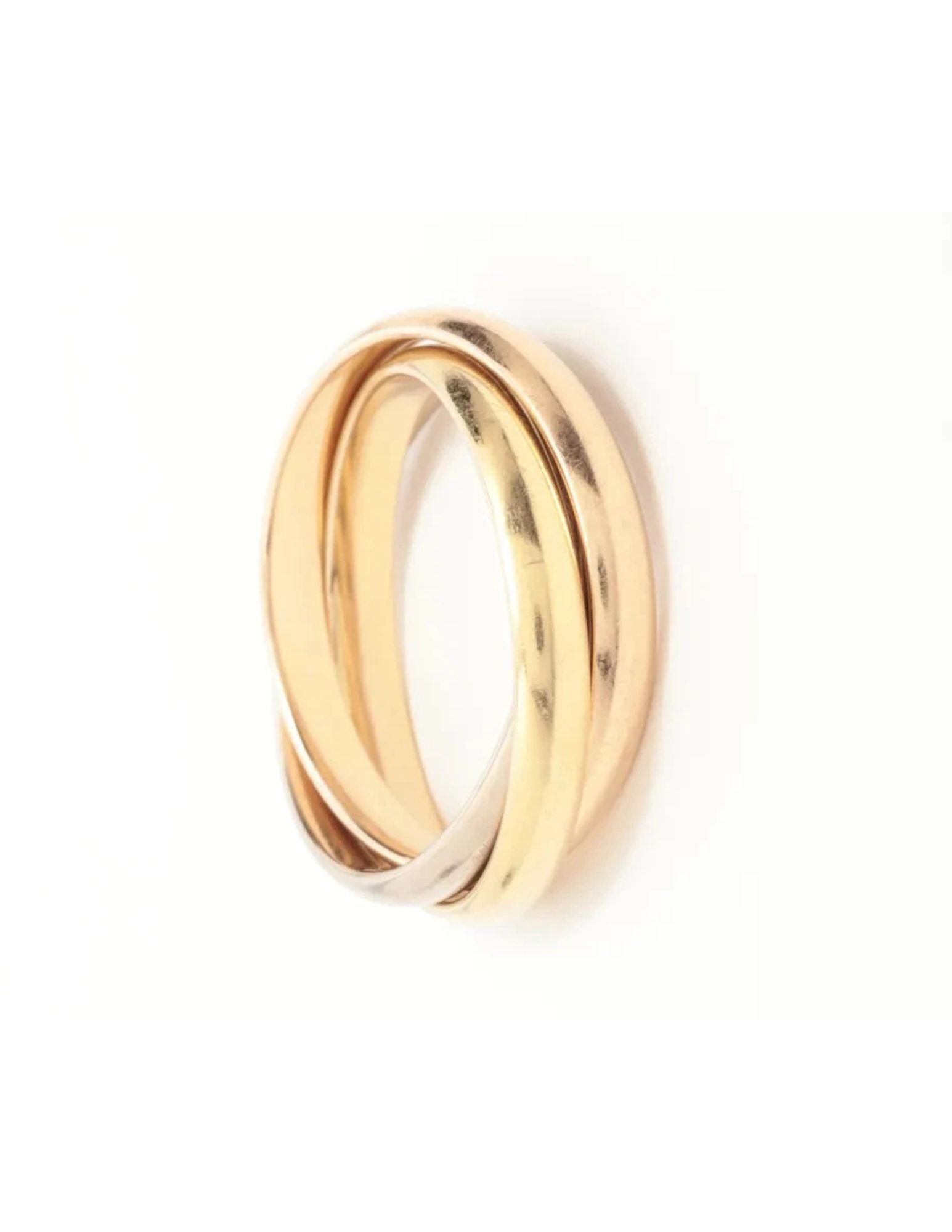 CARTIER TRINITY RING 750: Cartier Trinity Ring 750 Brand: Cartier Type/Style: Ring Material: 750(YGxPGxWG), Color: YG?PG?WG Size: 9.25 US Accessories: None Accessories Notice: When purchasing pre-owned goods, pleas