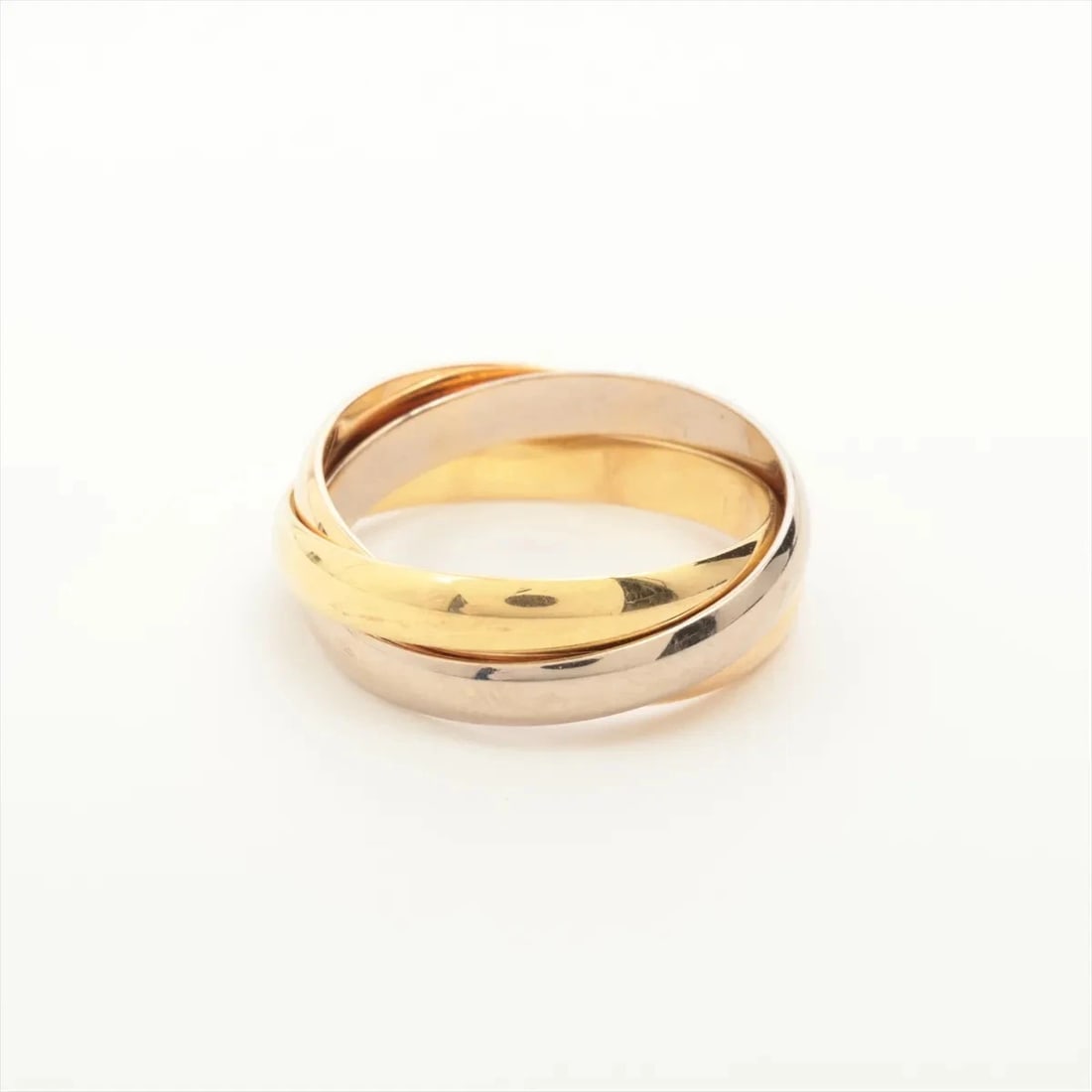 CARTIER TRINITY RING 750: Cartier Trinity Ring 750 Brand: Cartier Type/Style: Ring Material: 750(YGxPGxWG), Color: YG?PG?WG Size: 5 - 5.25 US Accessories: None Accessories Notice: When purchasing pre-owned goods, please refer