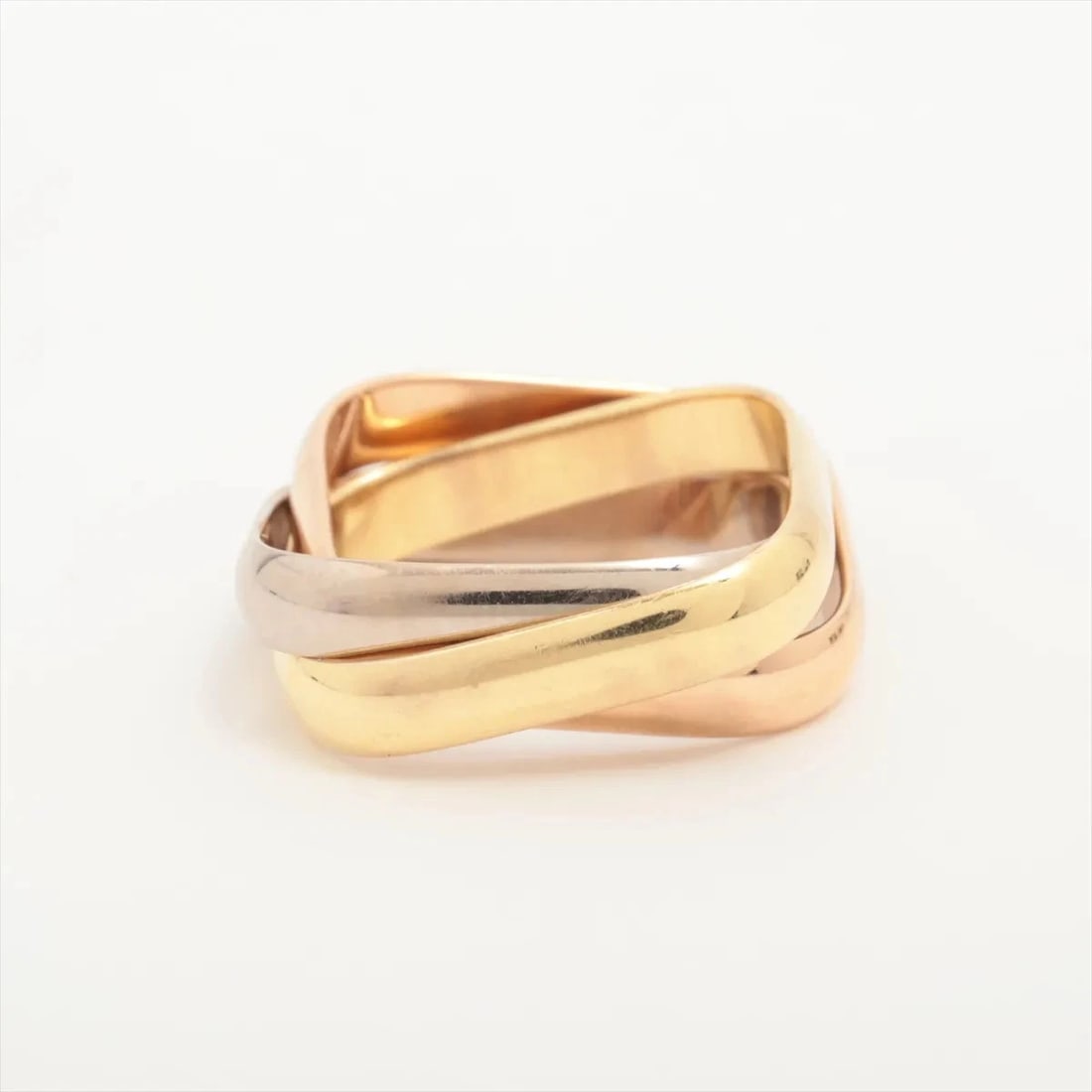 CARTIER TRINITY CUSHION RING 750: Cartier Trinity Cushion Ring 750 Brand: Cartier Type/Style: Ring Material: 750(YGxPGxWG), Color: YG,WG,PG Size: 4.5 - 4.75 US Accessories: None Accessories Notice: When purchasing pre-owne