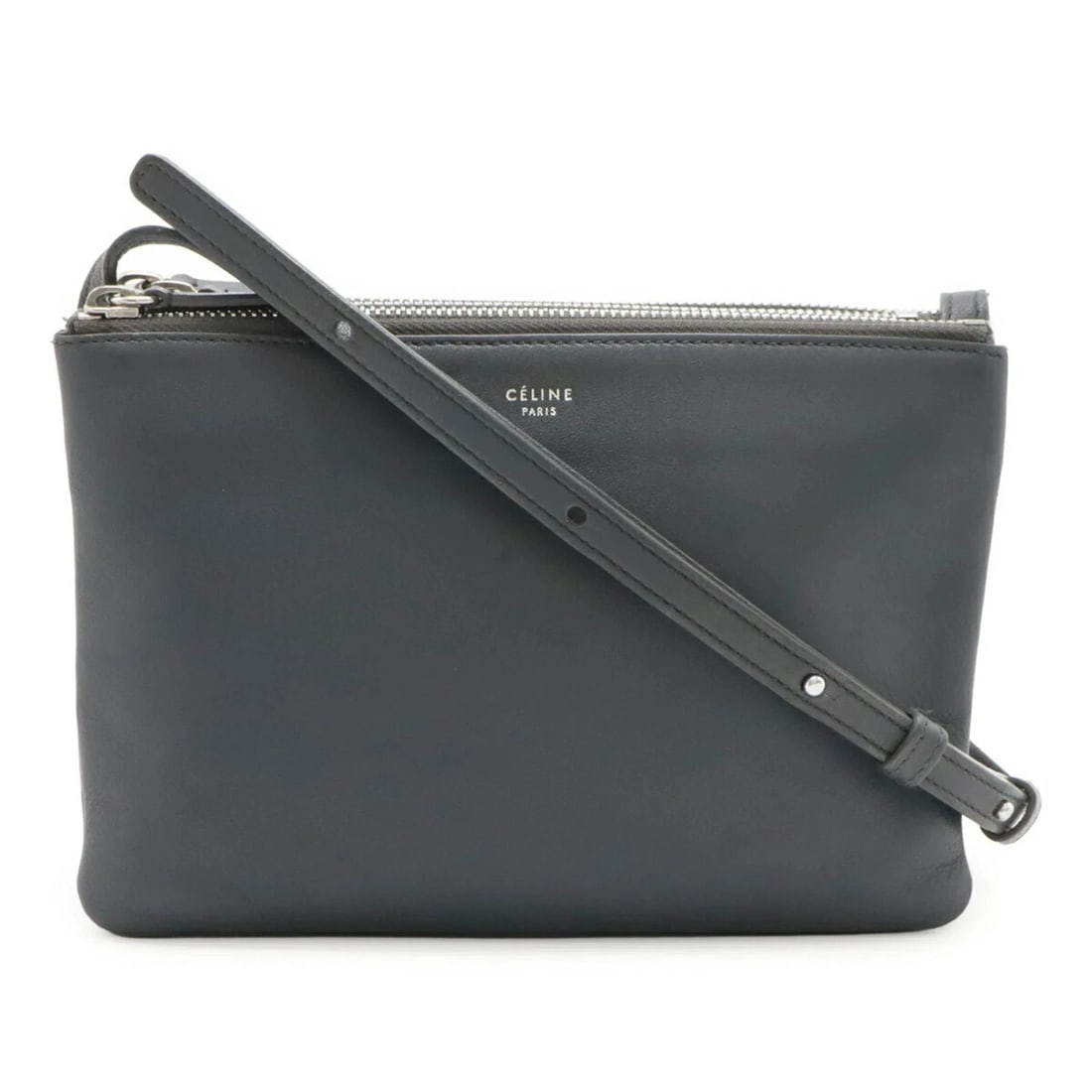 CELINE TRIO SMALL SHOULDER BAG, POUCH, HANDBAG,: CELINE Trio Small Shoulder Bag, Pouch, Handbag, Brand: Celine Type/Style: Pochette, Pouch, Shoulder bag Material: Leather Color: Charcoal gray Size: (HxWxD) 14.5cm x 21.5cm x 1cm / 5.7'' x 8.46'' x