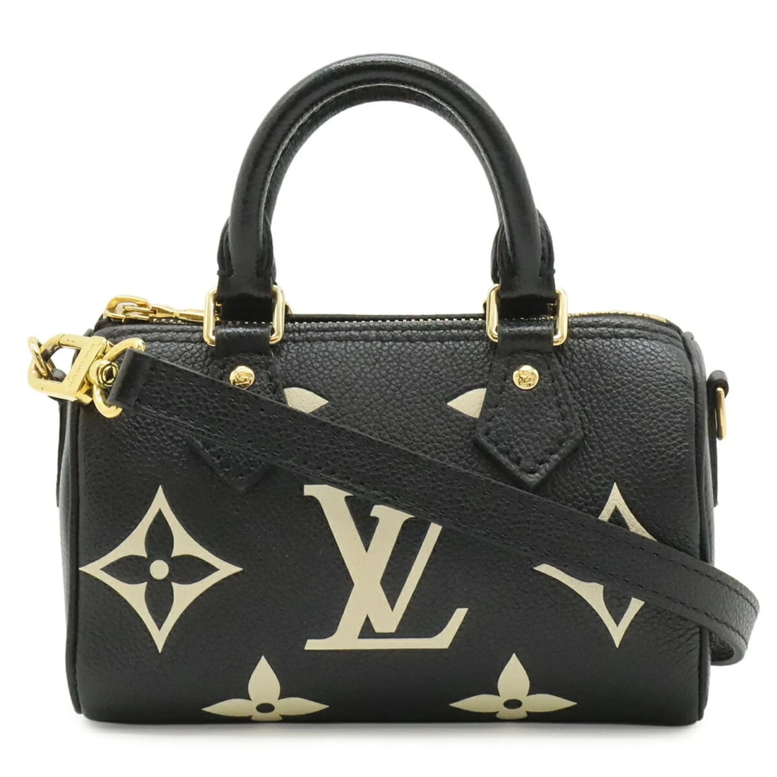 LOUIS VUITTON MONOGRAM EMPREINTE NANO SPEEDY HANDBAG: Louis Vuitton Monogram Empreinte Nano Speedy Handbag Brand: Louis Vuitton Type/Style: Handbag, Shoulder bag Material: Monogram Empreinte Color: Beige, Bicolor, Black, Monogram Size: (HxWxD) 10cm x 16.