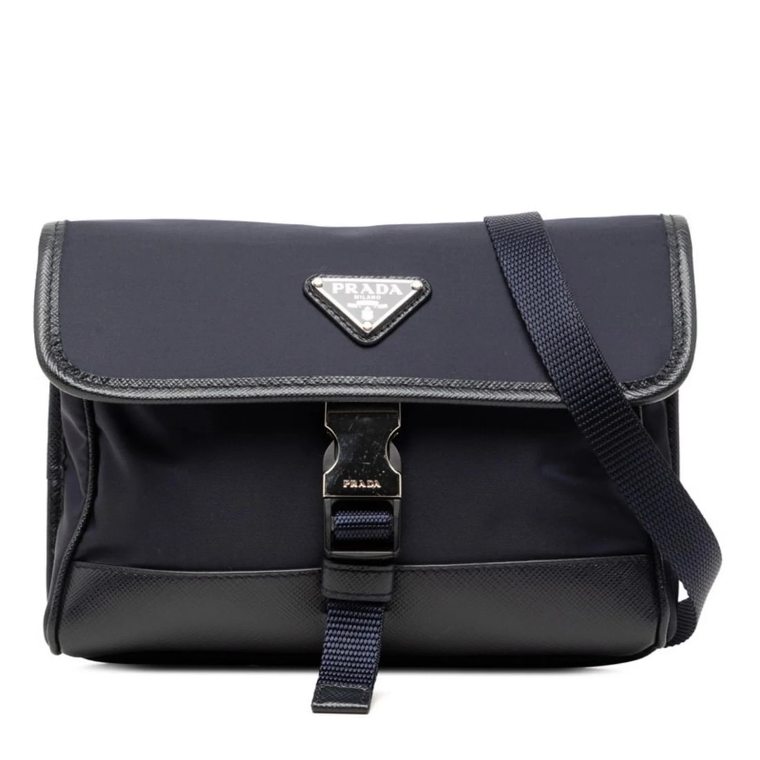 PRADA TRIANGLE LOGO PLATE NYLON CROSSBODY SHOULDER BAG: Prada Triangle Logo Plate Nylon Crossbody Shoulder Bag Brand: Prada Type/Style: Shoulder bag Material: Nylon , Leather Color: Navy Size: (HxWxD) 12.5cm x 17cm x 3cm / 4.92'' x 6.69'' x 1.18'' Acce