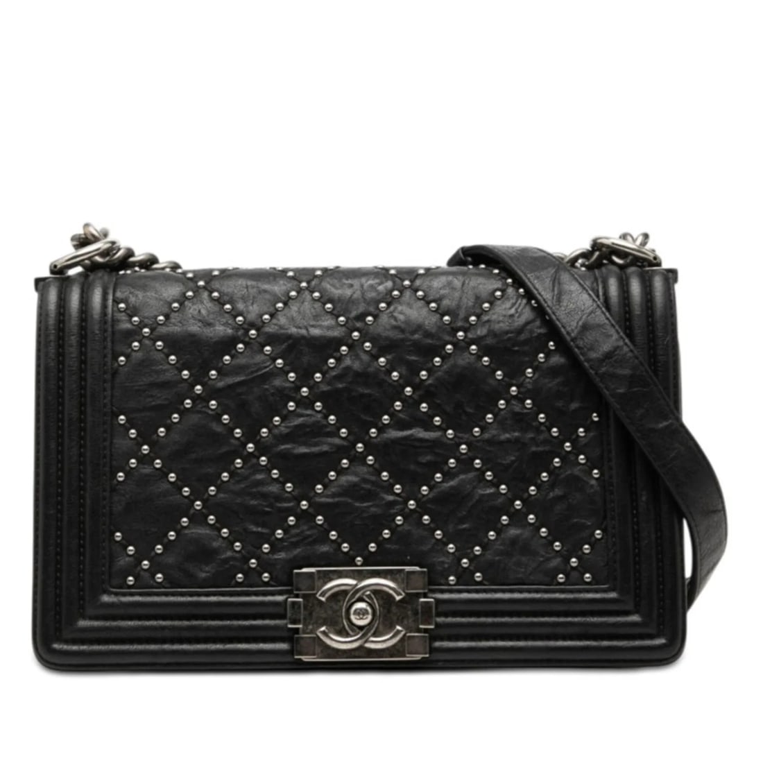 CHANEL COCO MARK STUDDED BOY CHAIN SHOULDER BAG: Chanel Coco Mark Studded Boy Chain Shoulder Bag Brand: Chanel Type/Style: Shoulder bag Material: Leather Color: Black Size: (HxWxD) 16cm x 25cm x 6.5cm / 6.29'' x 9.84'' x 2.55'' Accessories: None