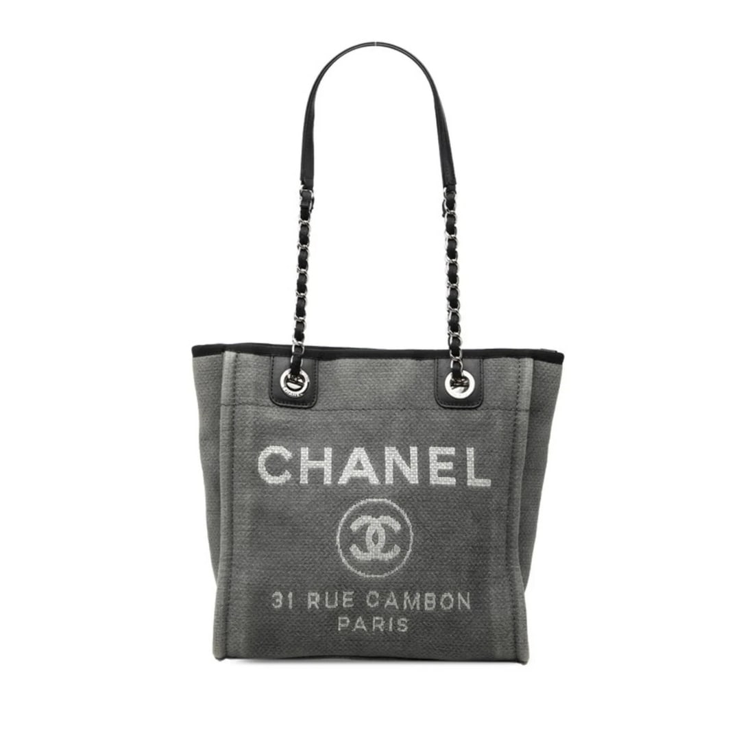 CHANEL DEAUVILLE PM CHAIN TOTE BAG SHOULDER GRAY: Chanel Deauville PM Chain Tote Bag Shoulder Gray Brand: Chanel Type/Style: Shoulder bag, Tote bag Material: Canvas , Leather Color: Black, Gray Size: (HxWxD) 26cm x 26cm x 10cm / 10.23'' x 10.23'' x