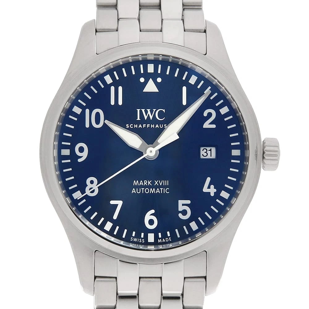 IWC PILOT'S STAINLESS STEEL WATCH: IWC Pilot's Stainless Steel Watch Brand: IWC Type/Style: Wrist watch Material: Band Material Stainless Steel, Case Material Stainless Steel Color: Dial Color Blue Size: Case:W40mm Circumference of