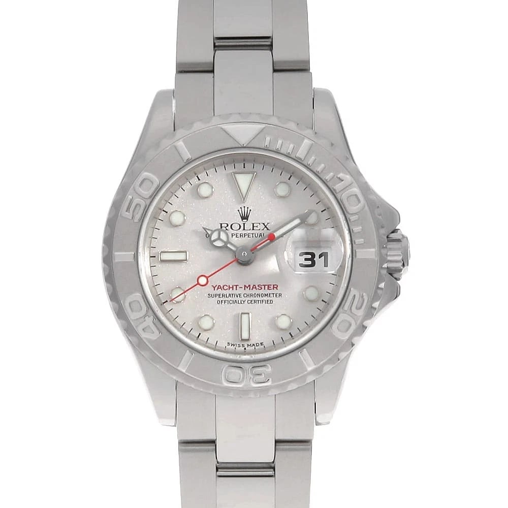 ROLEX YACHT MASTER SILVER WATCH: ROLEX Yacht master Silver Watch Brand: ROLEX Type/Style: Wrist watch Material: Band Material Stainless Steel, Case Material Stainless Steel/Platinum Color: Dial Color Silver Size: Case:W29mm