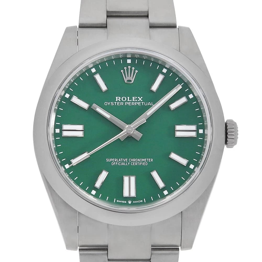ROLEX OYSTER PERPETUAL GREEN WATCH: ROLEX Oyster Perpetual green Watch Brand: ROLEX Type/Style: Wrist watch Material: Band Material Stainless Steel, Case Material Stainless Steel Color: Dial Color Green Size: Case:W41mm Circumference